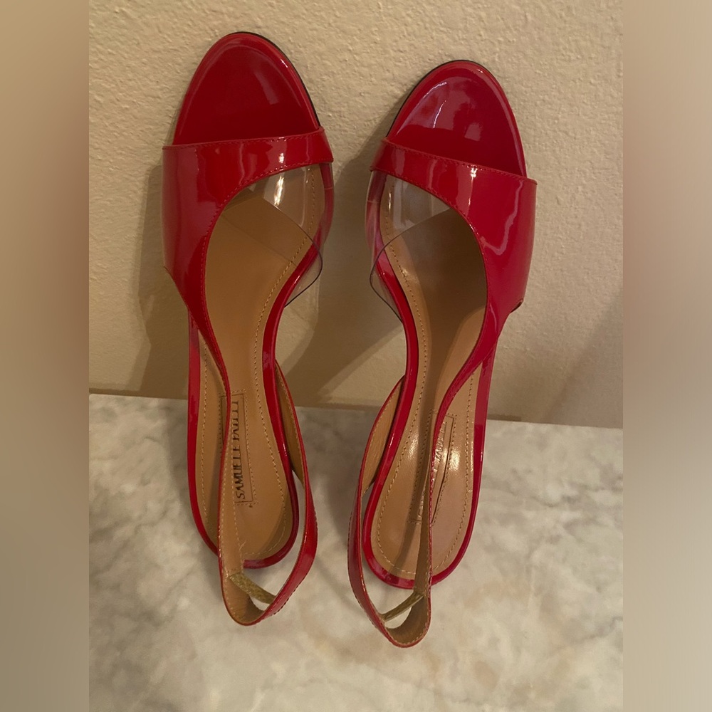 Patent Red Open-Toe Slingback Heels
